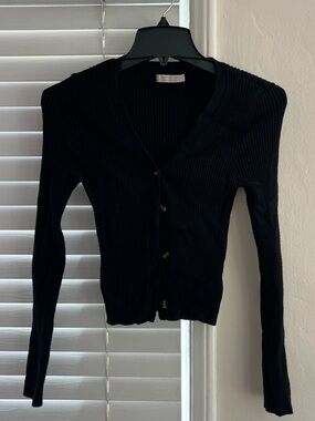 Black Ribbed Button Up Cardigan